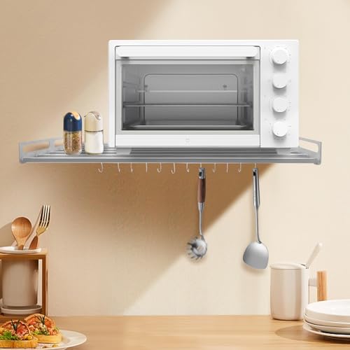 Mikrowellenregal Wandhalterung Mikrowelle Edelstahl Mikrowellen Regal Hängend Mikrowellenhalterung mit 12 Haken, Mikrowellen Halter Wandhalterung Mikrowelle Regal für Ofen, Reiskocher (60*40*14cm) von OMGGYER