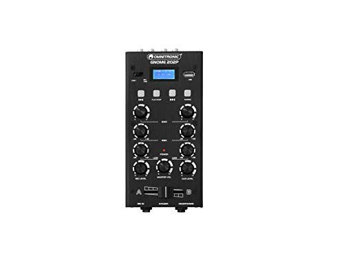 OMNITRONIC GNOME-202P Mini-Mixer schwarz | 2-Kanal-DJ-Mixer mit Bluetooth und MP3-Player im Miniaturformat | Regelbarer Mikrofoneingang/Kopfhörerausgang über 6,3-mm-Klinke von OMNITRONIC