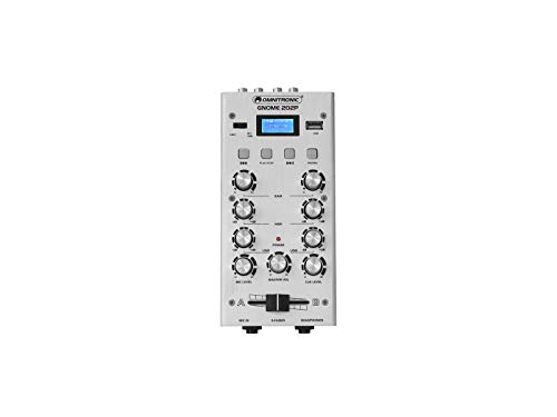 OMNITRONIC GNOME-202P Mini-Mixer silber | 2-Kanal-DJ-Mixer mit Bluetooth und MP3-Player im Miniaturformat | Regelbarer Mikrofoneingang/Kopfhörerausgang über 6,3-mm-Klinke von OMNITRONIC