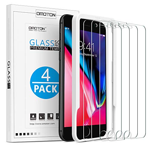 [4 Stück] OMOTON Schutzfolie kompatible mit iPhone 8 Plus und iPhone 7 Plus,mit Schablone,9H Härte, Anti-Kratzen, Anti-Öl, Anti-Bläschen, 2.5D von OMOTON