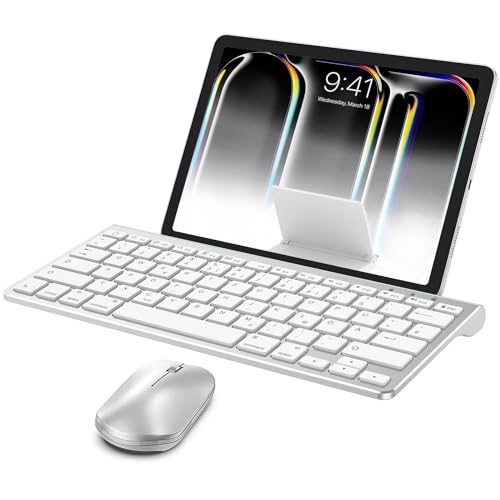 OMOTON Bluetooth Tastatur Maus Set für iPad Pro 12.9/11, iPad 10.2, iPad 2020/2019, iPad 8/7/6/5, iPad Air 4/3/2/1, iPad Mini und iPhone, QWERTZ Layout Tastatur iPad mit Ständer, iPad Keyboard, Silber von OMOTON