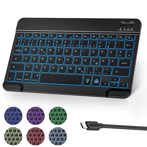 OMOTON Bluetooth Tastatur für iPad, Wiederaufladbare kabellose Tastatur iPad Air/iPad Pro/Mini/iPad 9.7/iPhone, Ultra-dünn, 7-Farben-Hintergrundbeleuchtung, QWERTZ Layout, iPad Keyboard, Schwarz von OMOTON