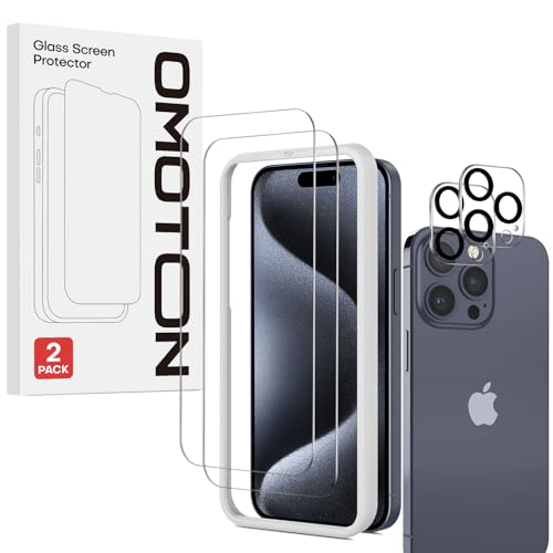 OMOTON Displayschutzfolie für iPhone 15 Pro mit Kameraobjektivschutz, Einfaches Installationswerkzeug, Premium Panzerglasfolie für iPhone 15 Pro, Anti-Kratzen, 9H Härte, HD Klar, 2+2 Pack von OMOTON