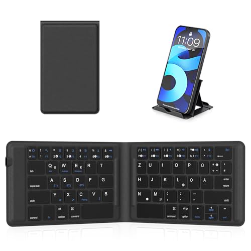 OMOTON Faltbare Bluetooth-Tastatur, Wiederaufladbare Tragbare Klappbare Keyboard für iPad, Smartphone, Android, Tablet, Windows Laptop und PC, 3 Bluetooth-Kanäle, QWERTZ von OMOTON