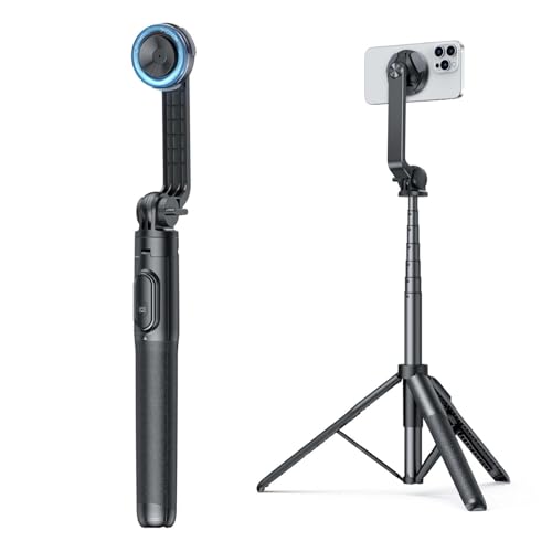 OMOTON Selfie Stick Stativ, 360° Drehbar 64" Erweiterbar Handy-Stativ für MagSafe mit Drahtloser Bluetooth-Fernbedienung, Magnetisches Handy Stativ für iPhone 15/14/13/12 Pro Max usw., Schwarz von OMOTON