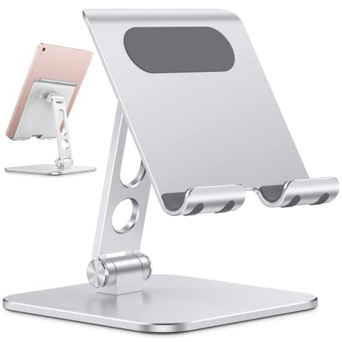 OMOTON Verbesserter Tablet Ständer, Faltbare Tablet Halterung Dock Aluminium Tisch Halter mit Schwererer Basis für iPad Pro 2023 Air Mini, 11 12.9, Huawei,Samsung, Surface bis 13.5 Zoll, Silber von OMOTON