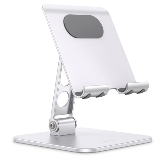 OMOTON Aluminium Tablet Ständer, Faltbare Tablet Ständer Halterung Tisch Halter mit Stabiler Metallbasis für alle iPad/iPad Pro/Tablets bis 13 Zoll, Silber von OMOTON