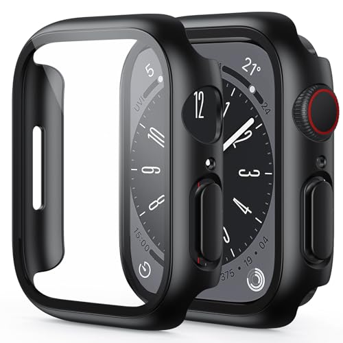 OMOTON für Apple Watch Series 9/8/7 41mm Schutzhülle, Kompatibel mit Apple Watch Series 9/8/7 41mm Glas Displayschutz, Einfache Installation, Anti- Kratzer, Bläschenfrei, 2 Stück, Schwarz von OMOTON