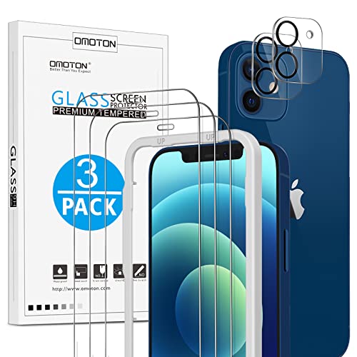 OMOTON für iPhone 12 Schutzfolie mit Rahmen-Installationshilfe, kompatibel mit iPhone 12 Kamera Glasfolie, [3+2 Stück], [Anti- Kratzer], [Bläschenfrei], [9H Härte], [HD-Klar] von OMOTON