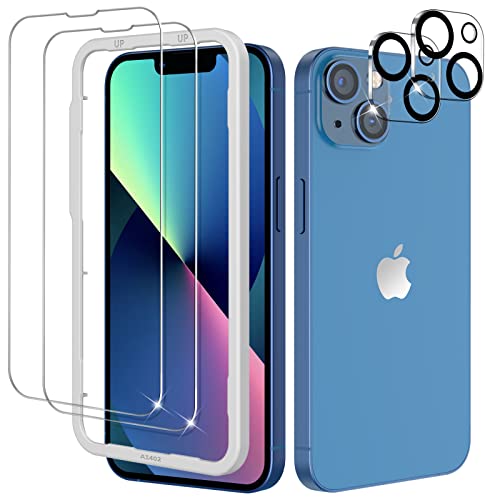 OMOTON für iPhone 13 Panzer Schutz Glas mit Rahmen-Installationshilfe, kompatibel mit iPhone 13 Kamera Schutzfolie, 2+2 Stück, Anti- Kratzer, Bläschenfrei, 9H Härte, HD-Klar von OMOTON