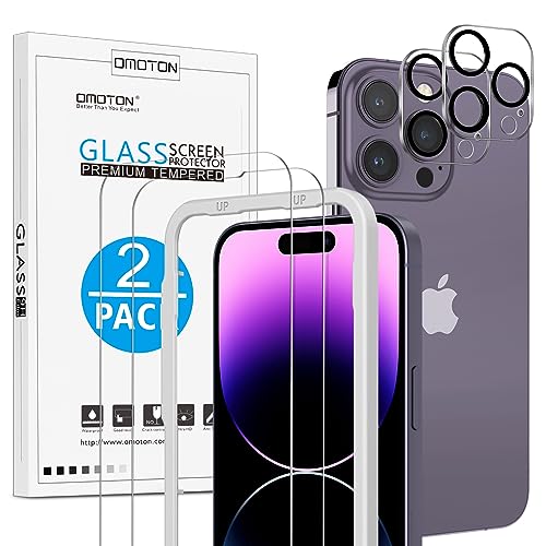 OMOTON für iPhone 14 Pro Panzer Schutz Glas mit Rahmen-Installationshilfe, kompatibel mit iPhone 14 Pro Kamera Schutzfolie, 2+2 Stück, Anti- Kratzer, Bläschenfrei, 9H Härte, HD-Klar von OMOTON