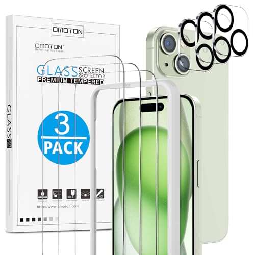 OMOTON für iPhone 15 Plus Panzer Schutz Glas mit Rahmen-Installationshilfe, kompatibel mit iPhone 15 plus Kamera Schutzfolie, 3+3 Stück, Anti- Kratzer, Bläschenfrei, 9H Härte, HD-Klar von OMOTON