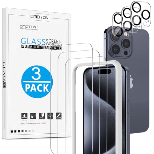 OMOTON für iPhone 15 Pro Max Panzer Schutz Glas mit Rahmen-Installationshilfe, kompatibel Kamera Schutzfolie, 3+3 Stück, Anti- Kratzer, Bläschenfrei, 9H Härte, HD-Klar von OMOTON