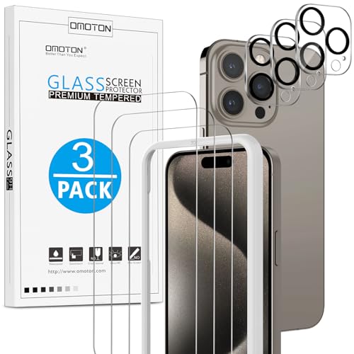 OMOTON für iPhone 15 Pro Panzer Schutz Glas mit Rahmen-Installationshilfe, kompatibel mit iPhone 15 Pro Kamera Schutzfolie, 3+3 Stück, Anti- Kratzer, Bläschenfrei, 9H Härte, HD-Klar von OMOTON