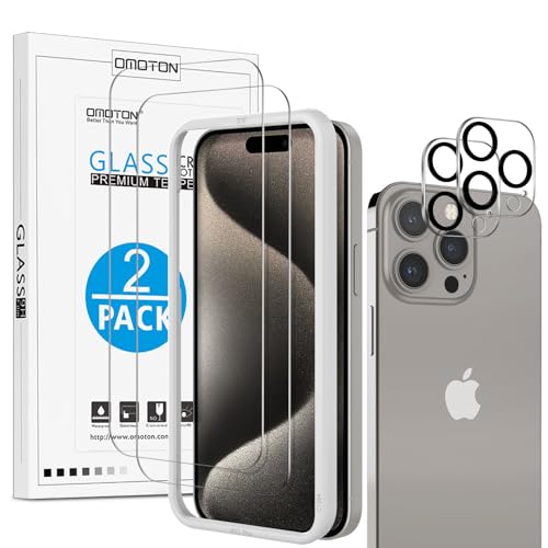 OMOTON für iPhone 15 Pro Panzer Schutz Glas mit Rahmen-Installationshilfe, kompatibel mit iPhone 15 Pro Kamera Schutzfolie, Anti- Kratzer, Bläschenfrei, 2+2 Stück von OMOTON