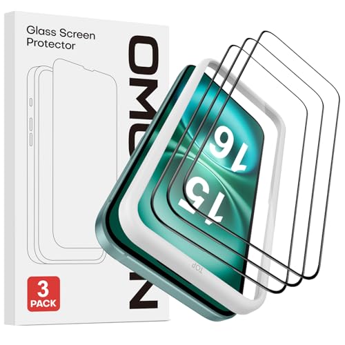 OMOTON [Full Screen für iPhone 16 Panzer Schutz Glas, 9H Härte Schutzfolie Folie kompatibel mit iPhone 16/15, mit Rahmen-Installationshilfe, Anti- Kratzer, 3 Stück von OMOTON