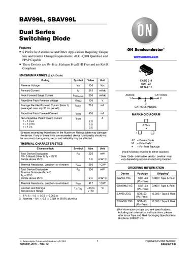 ON Semiconductor Diode BAV99LT1G SOT-23 100V 215mA Tape on Full reel von ON Semiconductor