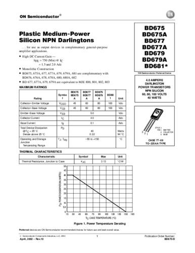 ON Semiconductor Transistor (BJT) - diskret BD675 TO-225AA Anzahl Kanäle 1 NPN - Darlington von ON Semiconductor