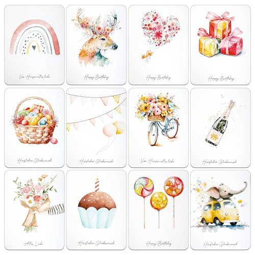 ONBAGLST Geburtstagskarten set mit umschlag，12 Geburtstagskarten Set mit Karten und Umschlägen - Glückwunsch-Faltkarten - chenkkarten zum Geburtstag - Grußkarten für Erwachsene oder Kinder(Animal1) von ONBAGLST
