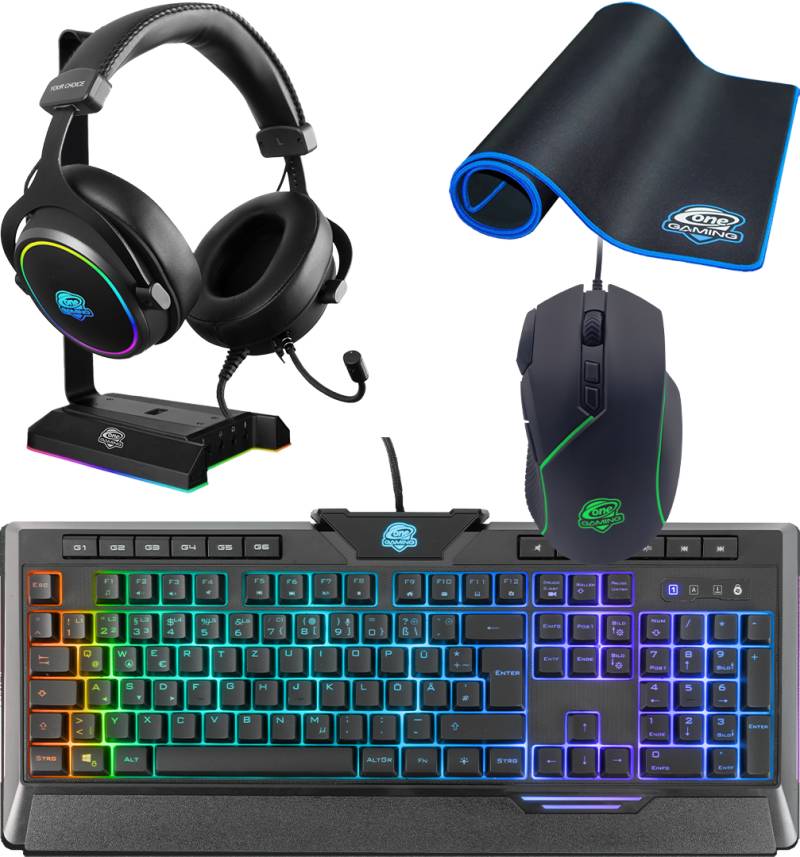 Gaming Zubehör Bundle Ultimate mit Maus, Mauspad, Tastatur, Headsetständer und Headset von ONE GAMING