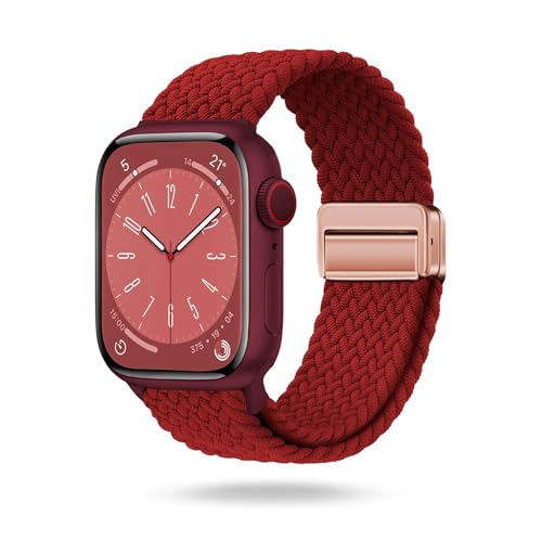 ONEFLOW Casual Loop Kompatibel mit Apple Watch 10 (46mm) Geflochtenes Armband Elastisch, Textil iWatch Armbänder Damen Herren, Sport Nylon Stoff Band Verschluss Magnetisch, Rot von ONEFLOW
