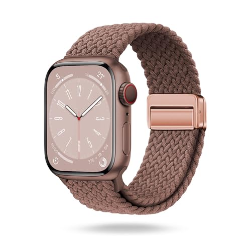 ONEFLOW Casual Loop Kompatibel mit Apple Watch 4 (44mm) Geflochtenes Armband Elastisch, Textil iWatch Armbänder Damen Herren, Sport Nylon Stoff Band Verschluss Magnetisch, Latte von ONEFLOW