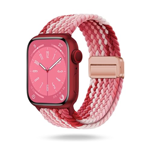 ONEFLOW Casual Loop Kompatibel mit Apple Watch 5 (44mm) Geflochtenes Armband Elastisch, Textil iWatch Armbänder Damen Herren, Sport Nylon Stoff Band Verschluss Magnetisch, Berry von ONEFLOW