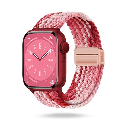 ONEFLOW Casual Loop Kompatibel mit Apple Watch 8 (45mm) Geflochtenes Armband Elastisch, Textil iWatch Armbänder Damen Herren, Sport Nylon Stoff Band Verschluss Magnetisch, Berry von ONEFLOW