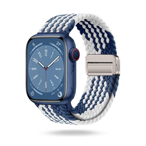 ONEFLOW Casual Loop Kompatibel mit Apple Watch 8 (45mm) Geflochtenes Armband Elastisch, Textil iWatch Armbänder Damen Herren, Sport Nylon Stoff Band Verschluss Magnetisch, Blau Weiß von ONEFLOW