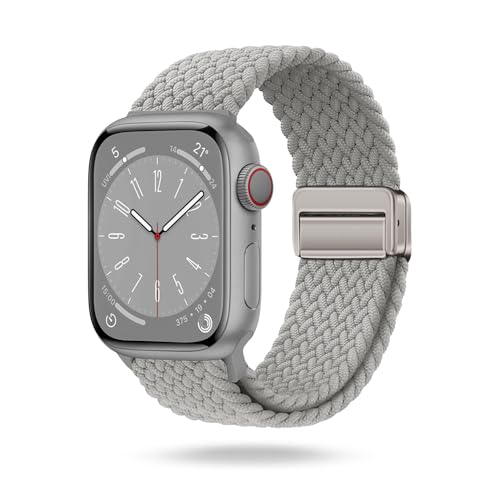 ONEFLOW Casual Loop Kompatibel mit Apple Watch SE 1 (44mm) Geflochtenes Armband Elastisch, Textil iWatch Armbänder Damen Herren, Sport Nylon Stoff Band Verschluss Magnetisch, Hellgrau von ONEFLOW