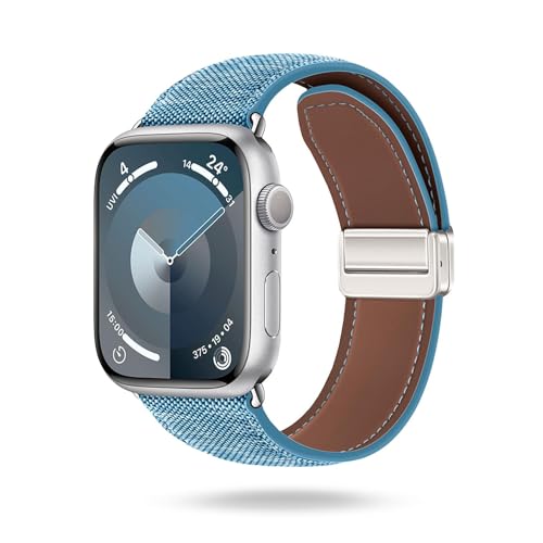 ONEFLOW Denim Loop kompatibel mit Apple Watch 7 (45mm) Armband aus Jeans Stoff, Ersatzarmband in Demin Design, Textil iWatch Armbänder Damen Herren Ersatz Watch Band Magnetisch, Blau von ONEFLOW