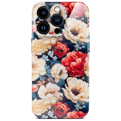 ONEFLOW Flower Cover für Apple iPhone 15 Pro Hülle in Floral Optik, Blumen Designer Case Handy Schutzhülle mit Kameraschutz, Hardcase dünne Handyhülle Blumenmuster, Rosen Rot Weiß von ONEFLOW