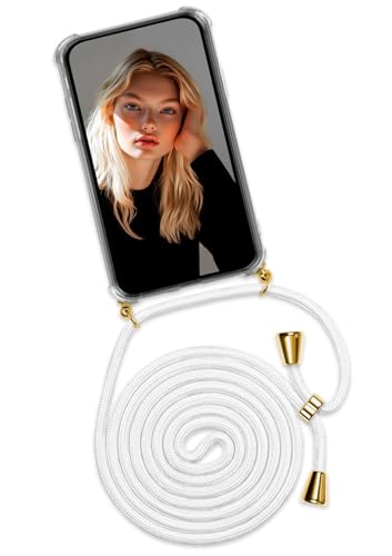 ONEFLOW Twist Case – Handyhülle mit Band für iPhone 13 - Handykette zum Umhängen, Hülle mit Kette abnehmbar, Handy Umhängeband, Schutzhülle und Kordel – Weiß Gold von ONEFLOW