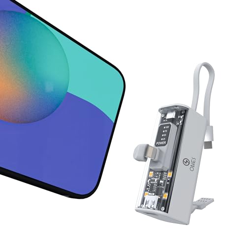 ONES Power Bank, 5000mAh Powerbank Klein Portable Ladegerät Externe Handyakkus with LED Display, Kompatibel mit iPhone 16 15 14 13 12 11 Samsung und mehr, Lighting-Stecker & USB-C-Kabel, Weiß von ONES
