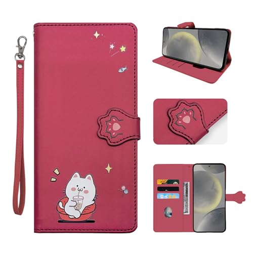 Handyhülle für Samsung Galaxy S24 Hülle Premium PU Leder Magnet Kartenfach Standfunktion Klapphülle Schutzhülle mit Samsung S24 rot von ONETHEFUL
