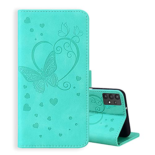 ONETHEFUL Handyhülle Book Cover Etui für Samsung Galaxy A32 5G Hülle PU Leder Schmetterling Blume Muster Tasche Case Huelle mit Ständer - Minzgrün von ONETHEFUL