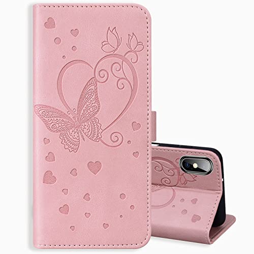 ONETHEFUL Handyhülle Book Cover Etui für iPhone X/XS iPhone 10 Hülle PU Leder Schmetterling Blume Muster Tasche Case Huelle mit Ständer - Rosa von ONETHEFUL