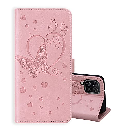 ONETHEFUL Schutzhülle für Samsung Galaxy A12 5G, Schutzhülle, Zubehör, Flip Cover, Relief, Schmetterling, Telefon, Schutzhüllen aus Kunstleder mit Standfunktion, Rosa von ONETHEFUL