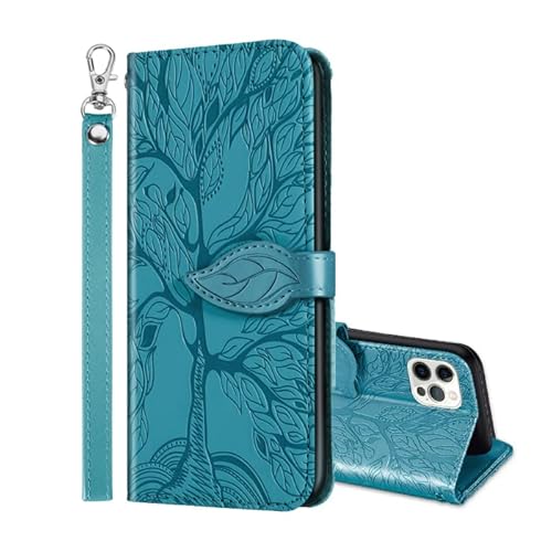 ONETHEFUL Handyhülle Tasche Book Cover für iPhone 12/12 Pro Hülle Kunstleder Klappbar Flip Phone Case Brieftasche Huelle Etui mit Ständer Blau von ONETHEFUL