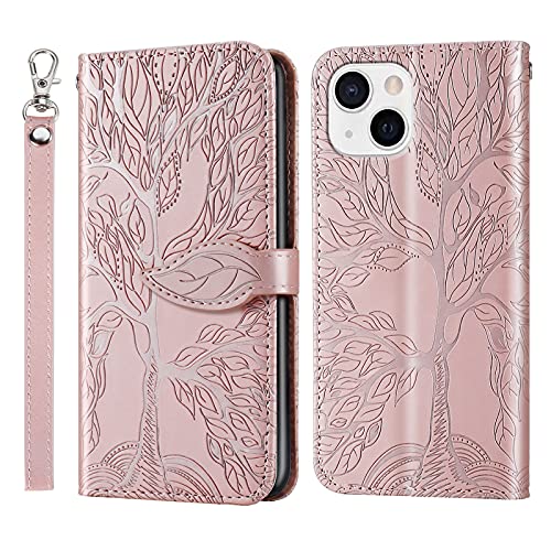 ONETHEFUL Handyhülle Tasche Kompatibel mit iPhone 15 Hülle Kunstleder Klappbar Flip Book Phone Case Cover Brieftasche Huelle Etui mit Ständer Roségold von ONETHEFUL