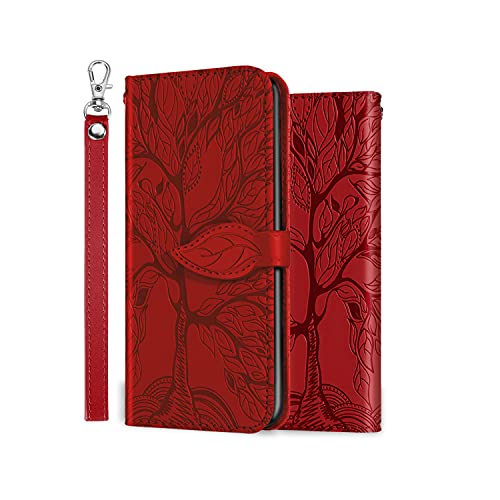 ONETHEFUL Handyhülle Tasche für Samsung Galaxy S21 FE Hülle Kunstleder Klappbar Flip Phone Case Brieftasche Huelle Etui mit Ständer rot von ONETHEFUL