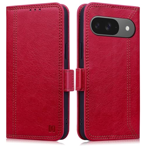 ONETHEFUL Handyhülle für Google Pixel 9 Hülle/Google Pixel 9 Pro Hülle Premium PU Leder Mit Ständer Kartenfach Schutzhülle, Klapphülle für Google Pixel 9/9 Pro Magnetisch Tasche - Rot von ONETHEFUL
