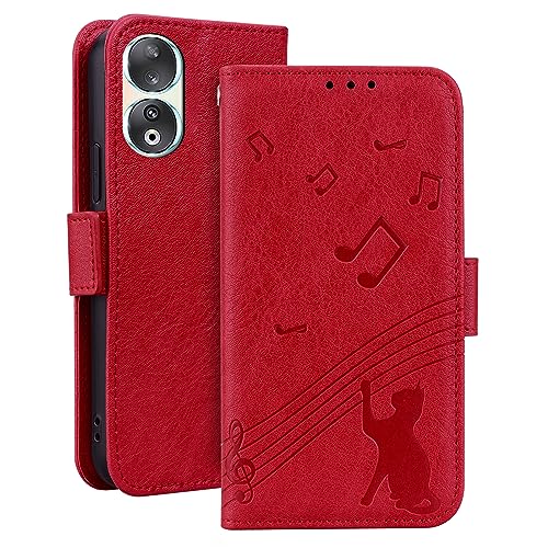 ONETHEFUL Handyhülle für Honor 90 5G Standfunktion Kartenfach Magnetisches Premium PU Schutzhülle Stoßfest Flip Wallet Music Cat Pattern Hülle für Honor 90 5G Rot von ONETHEFUL