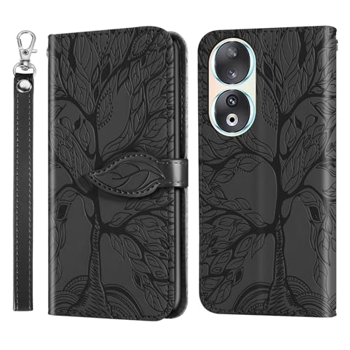 ONETHEFUL Handyhülle für Honor 90 Baum des Lebens Hülle Kunstleder Tasche Klappbar Flip Magnetische BriefHuelle Etui mit Ständer Case für Honor 90 Schwarz von ONETHEFUL