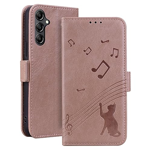 ONETHEFUL Handyhülle für Samsung Galaxy A14 4G / A14 5G Standfunktion Kartenfach Magnetisches Premium PU Schutzhülle Stoßfest Flip Wallet Music Cat Pattern Hülle für Samsung A14 Rosa von ONETHEFUL