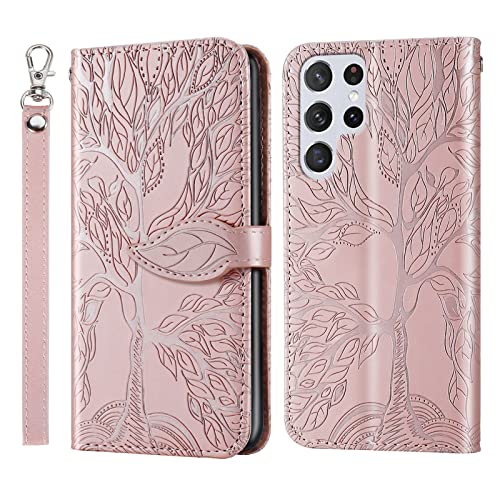 ONETHEFUL Handyhülle für Samsung Galaxy S24 Ultra Baum des Lebens Hülle Kunstleder Tasche Klappbar Flip Magnetische BriefHuelle Etui mit Ständer Case für Samsung Galaxy S24 Ultra Roségold von ONETHEFUL