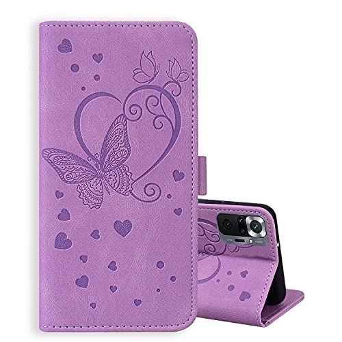 ONETHEFUL Handyhülle für Xiaomi Redmi Note 10 Pro/Note 10 Pro Max Hülle PU Leder Schmetterling Blume Muster Tasche Case Huelle mit Ständer - Lila von ONETHEFUL