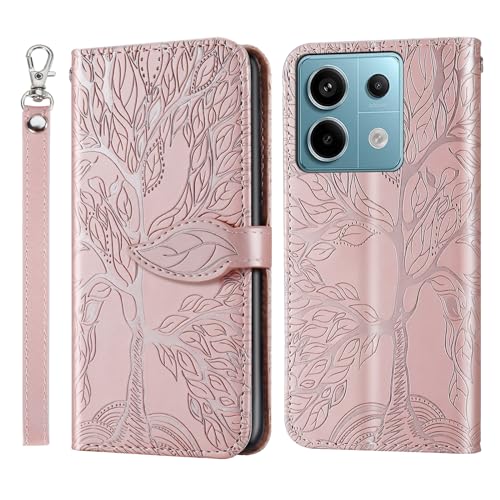 ONETHEFUL Handyhülle für Xiaomi Redmi Note 13 Pro Baum des Lebens Hülle Kunstleder Tasche Klappbar Flip Magnetische BriefHuelle Etui mit Ständer Case für Xiaomi Redmi Note 13 Pro Roségold von ONETHEFUL