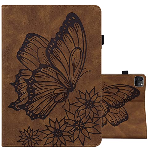 ONETHEFUL Hülle Etui für iPad Pro 11 2021 2020 2018/iPad Air 4 10.9 Zoll 2020 Schutzhülle Book Cover PU Leder Tablet Schmetterlings Prägemuster Case Huelle mit Ständer - Braun von ONETHEFUL