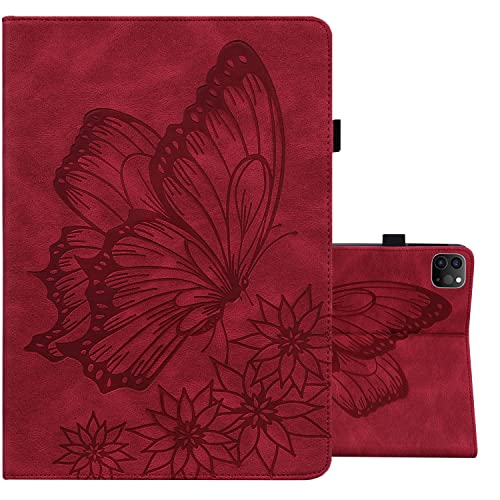 ONETHEFUL Hülle Etui für iPad Pro 11 2021 2020 2018/iPad Air 4 10.9 Zoll 2020 Schutzhülle Book Cover PU Leder Tablet Schmetterlings Prägemuster Case Huelle mit Ständer - Rot von ONETHEFUL